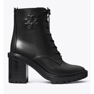 Tory Burch Black Boots Double T Lug Ankle High Heel Combat Bootie Size 10